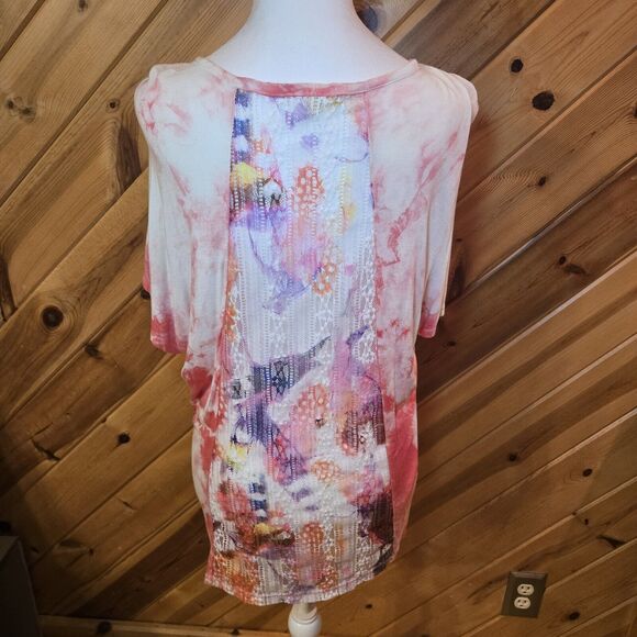 VOCAL Pink Tie Dye Studded Cross V Neck Short Sleeve Ed Hardy Style Med USA Made - Picture 5 of 8